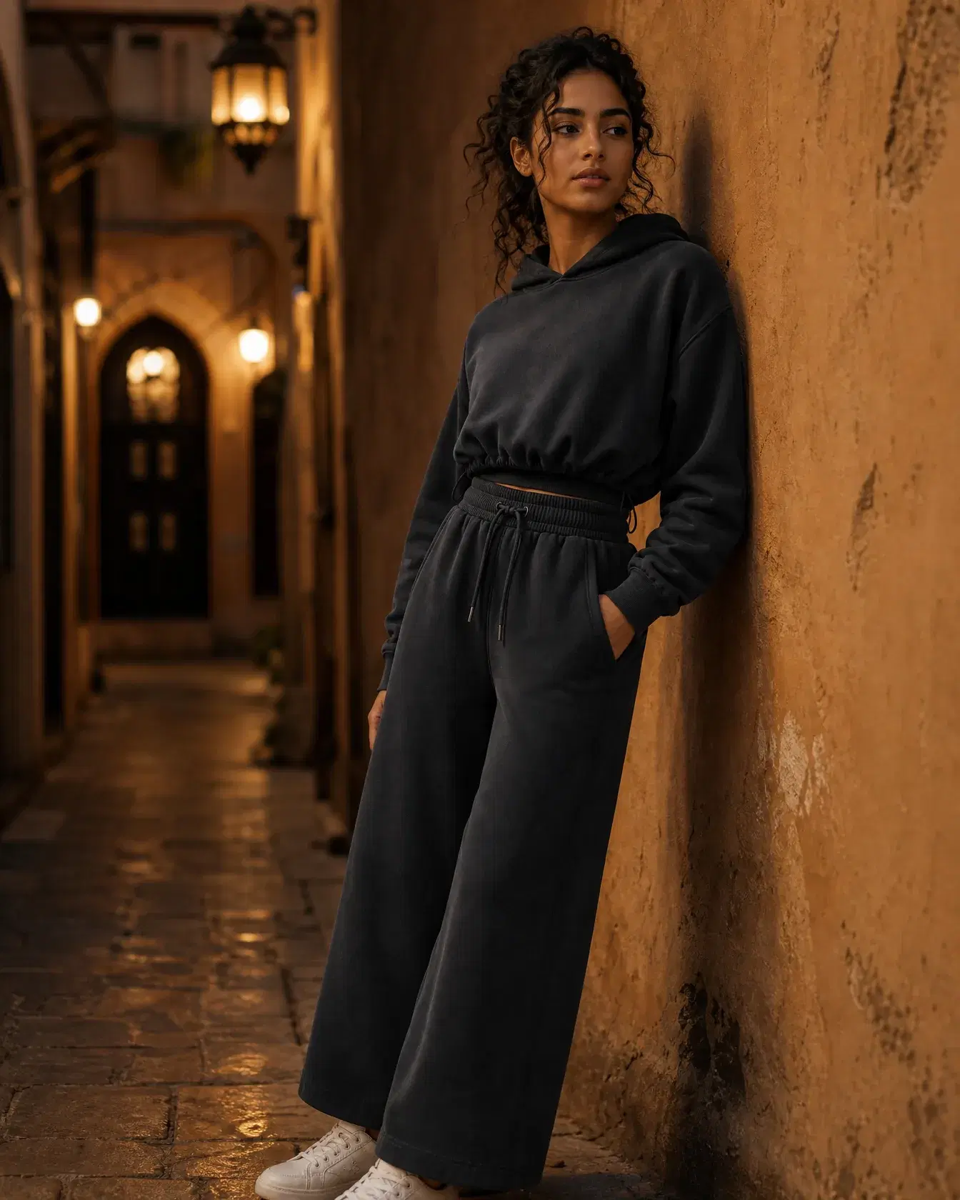 The black hoodie and sweats set, worn in a lantern-lit Marrakech alley at dusk.