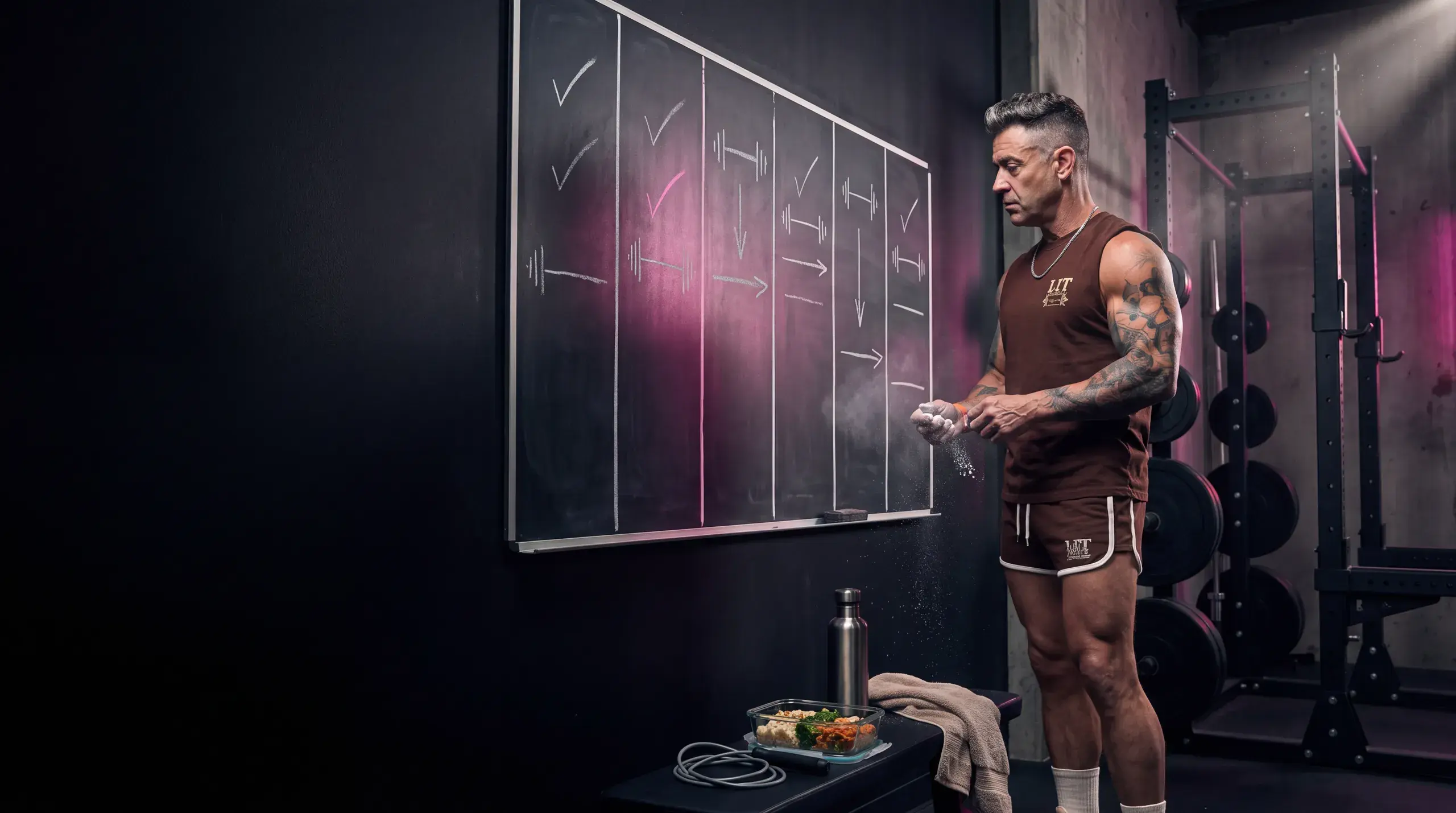 Kory chalking up beside a whiteboard of ticked-off training weeks