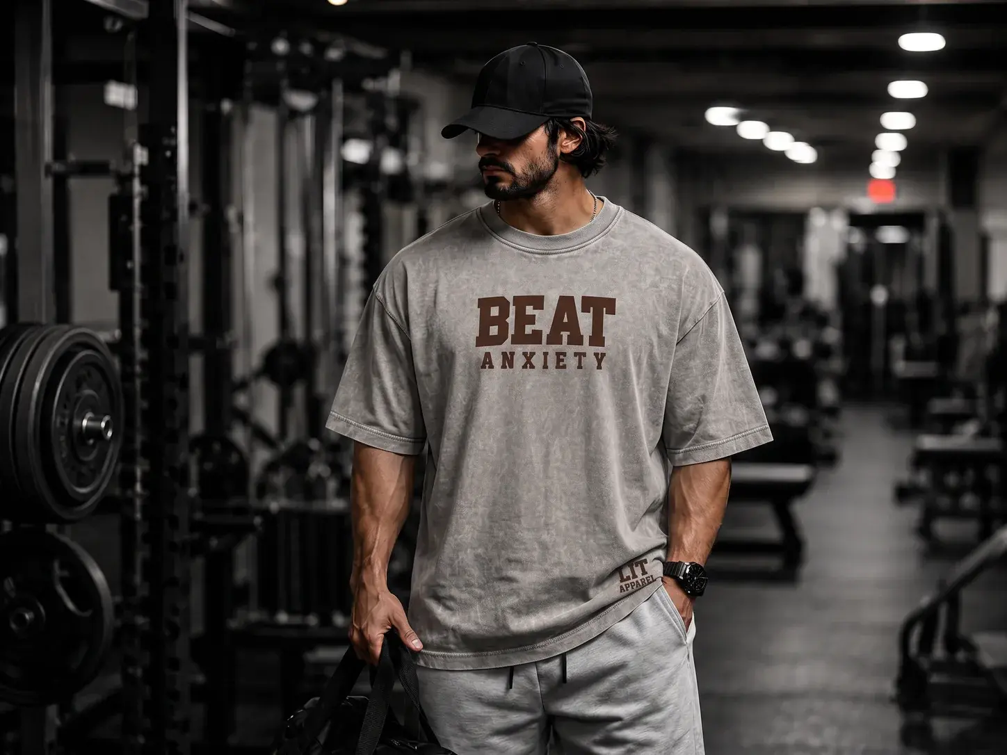 A man in a cap and the stone grey LIT Beat Anxiety tee stands in a dark gym.