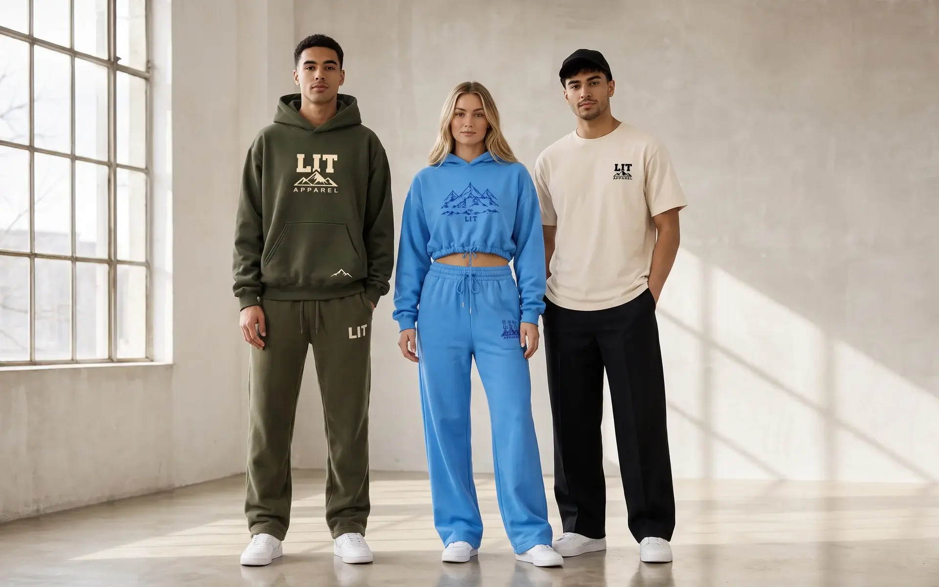 Three models in a daylight studio by tall windows: one in the olive LIT Logo Hoodie and Sweats, one in the azure Mountain Hoodie & Sweats Set, one in the cream LIT Discipline Tee.