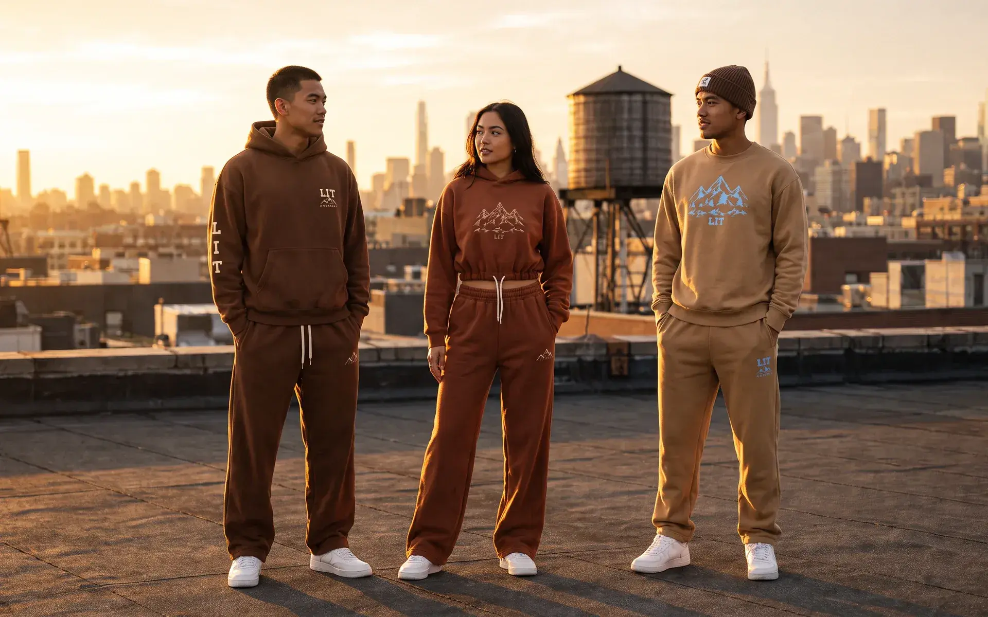 Three friends on a city rooftop at golden hour: one in the chocolate LIT Sleeve Hoodie and Mountain Sweats, one in the rust Cropped Mountain Hoodie and Wide-Leg Mountain Sweats, one in the tan LIT Pines Crewneck, LIT Mark Sweats and a brown ribbed beanie.