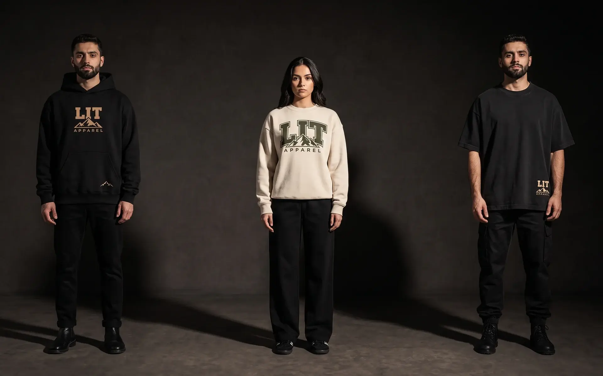 Three models in a dark studio under one hard key light: one in the black LIT Logo Hoodie, one in the cream LIT Varsity Crewneck, one in the black Live Intentionally Tee.
