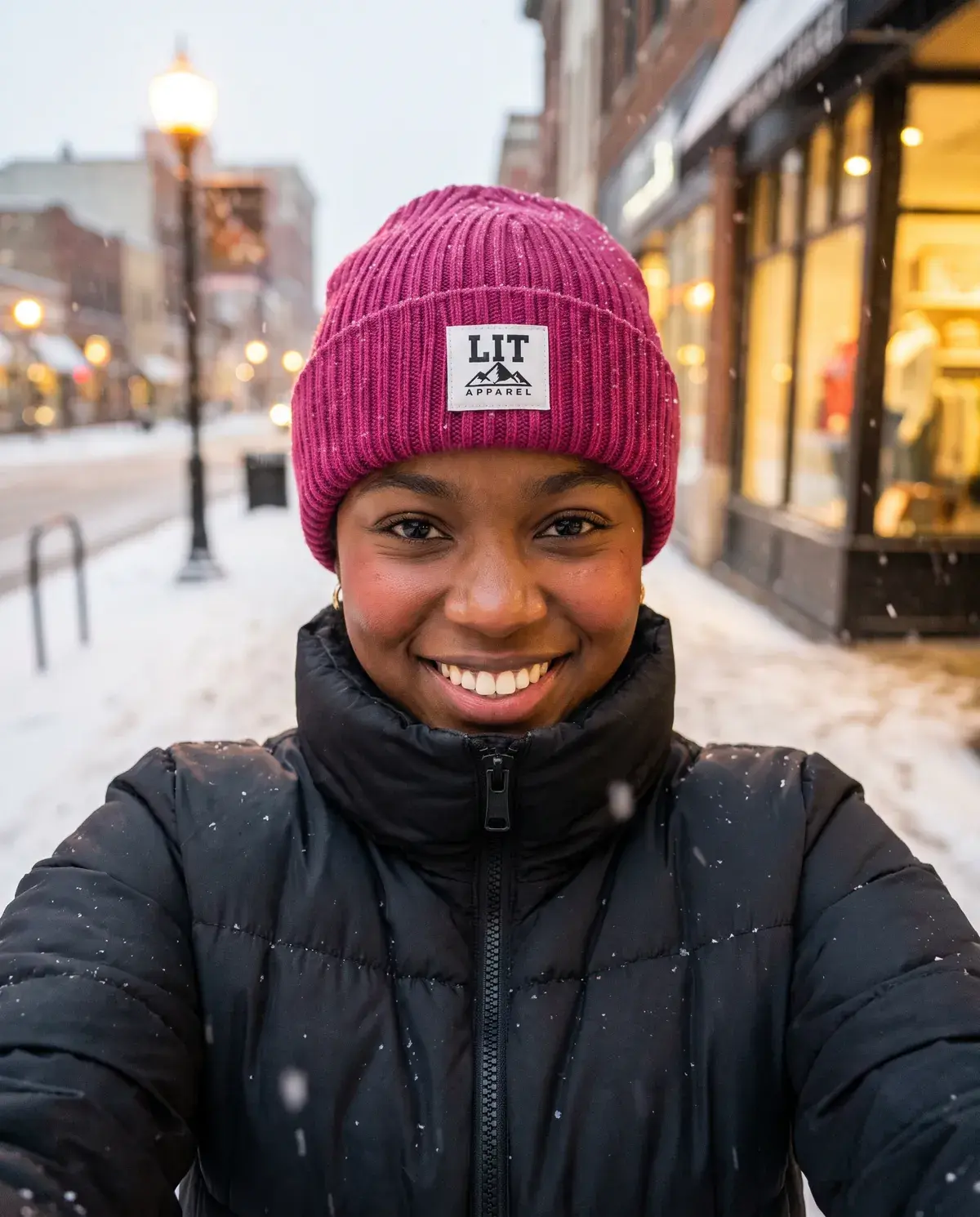 A woman smiles in a selfie on a snowy street in the fuchsia Ribbed Cuffed Beanie and a black puffer.