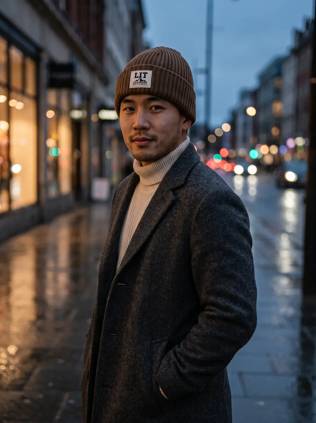 A man in a brown ribbed beanie and a wool overcoat on a wet city street at blue hour.