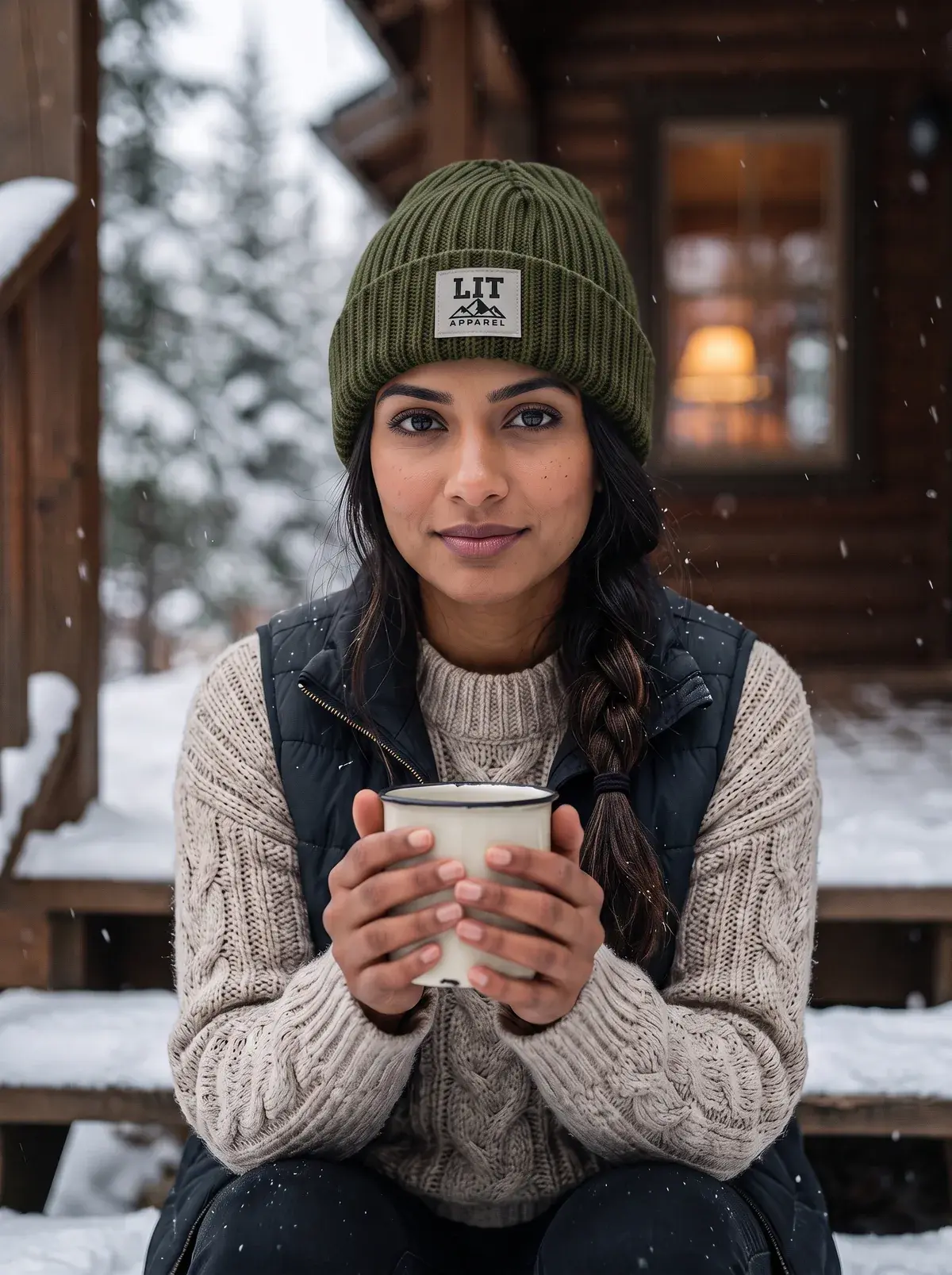 A woman in an olive ribbed beanie holds a mug on snowy cabin steps.