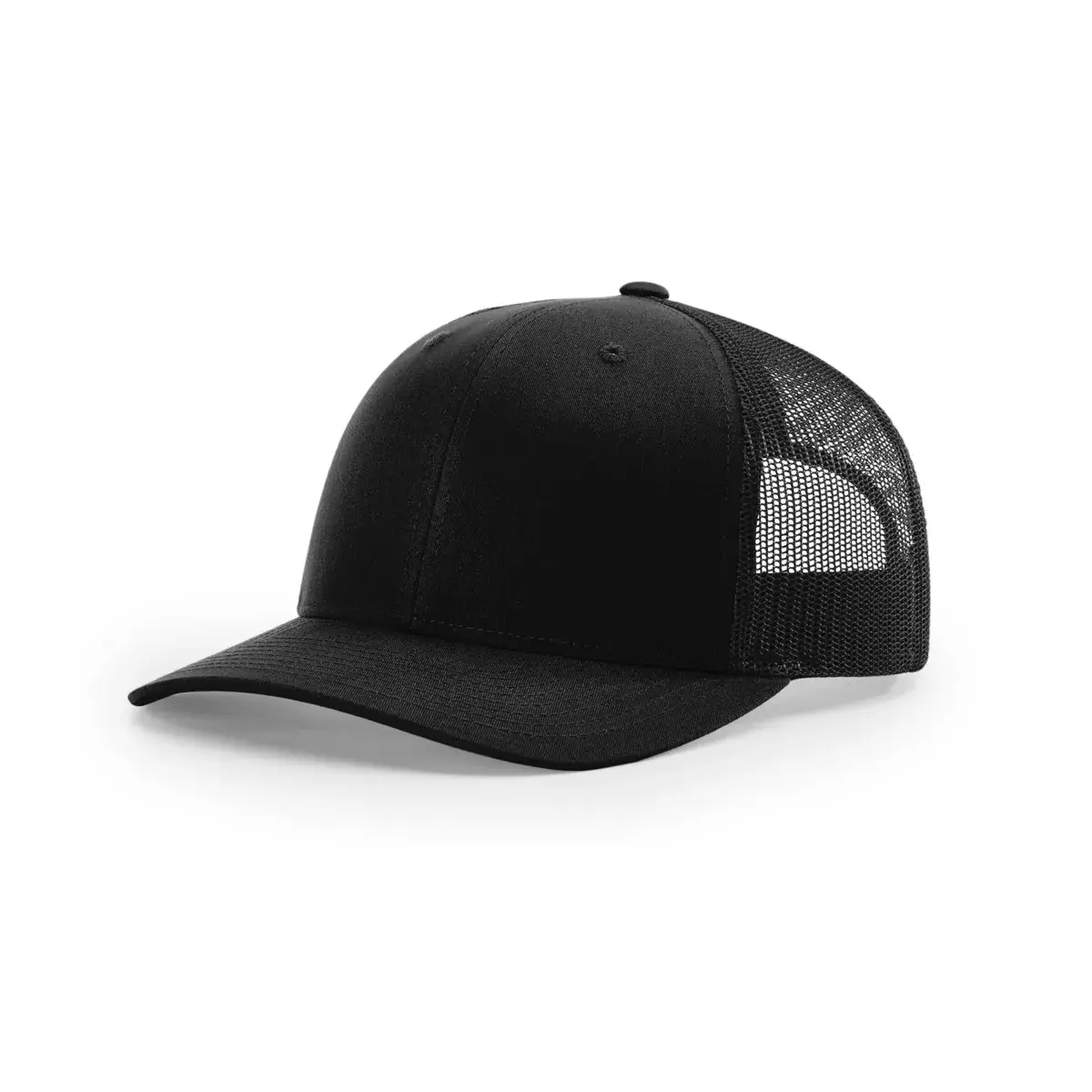 Richardson 112 Trucker in Black, photographed front-on against a paper ground.